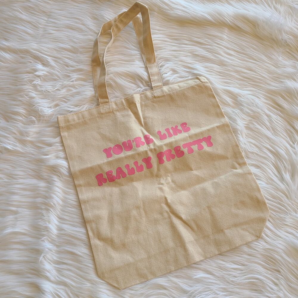 Y2K You're Like Really Pretty Tote Bag Purse Pink Cotton Market Book Bag Boho - Picture 1 of 3